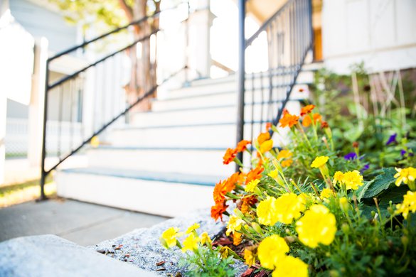 Beautiful Front Door with flowers out front